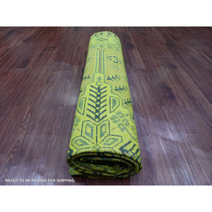 7'9"x9'8" Lime Green, Overdyed Kazak With All Over Geometric Pattern, Hand Knotted, 100% Wool, Oriental Rug FWR122700