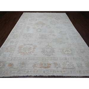 9'3"x12' Chiffon White, Afghan Angora Oushak With Muted Colors Floral Design, Hand Knotted, Vegetable Dyes, 100% Wool, Oriental Rug FWR122754