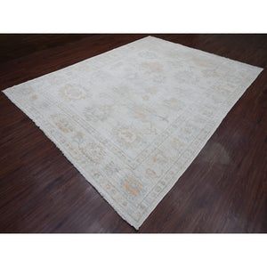 9'3"x12' Chiffon White, Afghan Angora Oushak With Muted Colors Floral Design, Hand Knotted, Vegetable Dyes, 100% Wool, Oriental Rug FWR122754