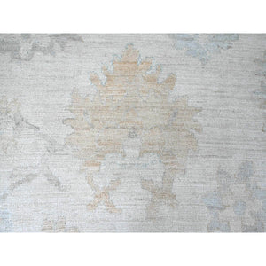 9'3"x12' Chiffon White, Afghan Angora Oushak With Muted Colors Floral Design, Hand Knotted, Vegetable Dyes, 100% Wool, Oriental Rug FWR122754