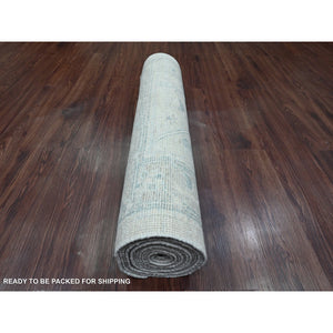 2'10"x13'7" Alabaster White, Afghan Angora Oushak with Large Leaf Design, Hand Knotted, Vegetable Dyes, 100% Wool, Runner, Oriental Rug FWR122838