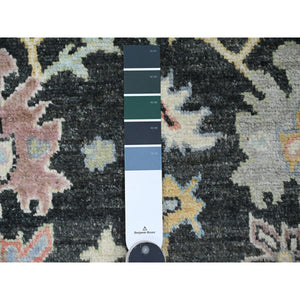 3'3"x11'6" Charcoal Black, Afghan Angora Oushak with Colorful Leaf Design, Hand Knotted, Vegetable Dyes, 100% Wool, Runner, Oriental Rug FWR122844