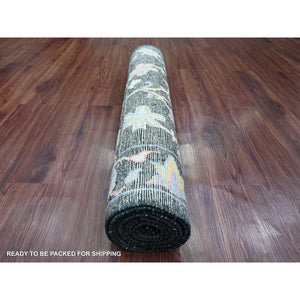 3'3"x11'6" Charcoal Black, Afghan Angora Oushak with Colorful Leaf Design, Hand Knotted, Vegetable Dyes, 100% Wool, Runner, Oriental Rug FWR122844