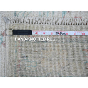 2'10"x11'7" Chiffon White, Hand Knotted, Afghan Angora Oushak With Colorful Leaf Design, Natural Dyes, 100% Wool, Runner, Oriental Rug FWR122850