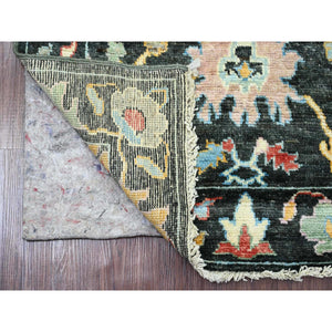 2'10"x9'8" Leather Black, Afghan Angora Oushak with Bold Colors Leaf Design, Hand Knotted, Vegetable Dyes, 100% Wool, Runner, Oriental Rug FWR122868
