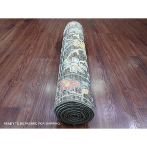2'10"x9'8" Leather Black, Afghan Angora Oushak With Bold Colors Leaf Design, Hand Knotted, Vegetable Dyes, 100% Wool, Runner, Oriental Rug FWR122868