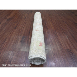 4'x9'10" Chiffon White, Hand Knotted, Afghan Angora Oushak with Floral Pattern, Vegetable Dyes, 100% Wool, Wide Runner, Oriental Rug FWR122916