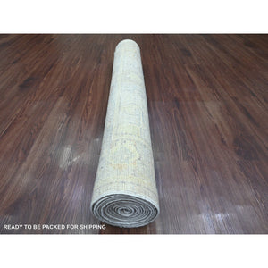 3'9"x12' Alabaster White, Afghan Angora Oushak With Soft Colors Leaf Design, Hand Knotted, Vegetable Dyes, Pure Wool, Runner, Oriental Rug FWR122970