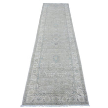 Load image into Gallery viewer, 2&#39;8&quot;x10&#39; Oyster Gray, Washed Out Peshawar with All Over Leaf Design, Vegetable Dyes, Hand Knotted, 100% Wool, Runner, Oriental Rug FWR122994