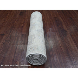 2'5"x11'7" Pearl White, Washed Out Peshawar with All Over Leaf Design, Hand Knotted, 100% Wool, Vegetable Dyes, Runner, Oriental Rug FWR123012