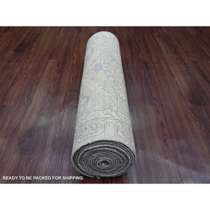 2'8"x16'1" Misty Gray, Stone Washed Peshawar with All Over Leaf Design, Hand Knotted, Vegetable Dyes, 100% Wool, XL Runner, Oriental Rug FWR123042