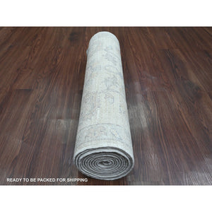 2'5"x11'1" Bone White, Washed Out Peshawar with All Over Leaf Design, Hand Knotted, Natural Dyes, 100% Wool, Runner, Oriental Rug FWR123054