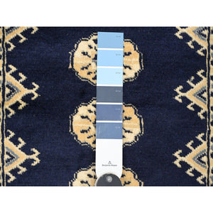 2'6"x19'7" Yale Blue, Mori Bokara with Geometric Medallions Design, Hand Knotted, Soft Pile, Pure Wool, XL Runner, Oriental Rug FWR123102