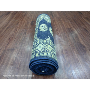 2'6"x19'7" Yale Blue, Mori Bokara with Geometric Medallions Design, Hand Knotted, Soft Pile, Pure Wool, XL Runner, Oriental Rug FWR123102