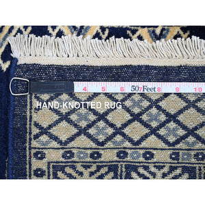 2'6"x19'7" Yale Blue, Mori Bokara with Geometric Medallions Design, Hand Knotted, Soft Pile, Pure Wool, XL Runner, Oriental Rug FWR123102
