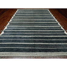 Load image into Gallery viewer, 10&#39;4&quot;x14&#39;2&quot; Charcoal Black, Moroccan Weave with Line Design, Soft Wool, Tone on Tone, Hand Knotted, Textured Pile, Oriental Rug FWR123138