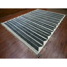 Load image into Gallery viewer, 10&#39;4&quot;x14&#39;2&quot; Charcoal Black, Moroccan Weave with Line Design, Soft Wool, Tone on Tone, Hand Knotted, Textured Pile, Oriental Rug FWR123138