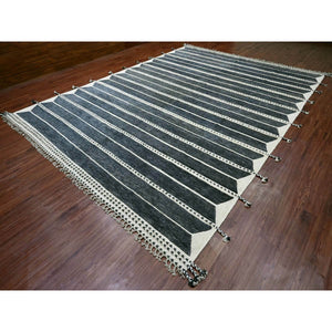10'4"x14'2" Charcoal Black, Moroccan Weave With Line Design, Soft Wool, Tone On Tone, Hand Knotted, Textured Pile, Oriental Rug FWR123138