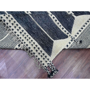 10'4"x14'2" Charcoal Black, Moroccan Weave with Line Design, Soft Wool, Tone on Tone, Hand Knotted, Textured Pile, Oriental Rug FWR123138