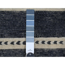 Load image into Gallery viewer, 10&#39;4&quot;x14&#39;2&quot; Charcoal Black, Moroccan Weave with Line Design, Soft Wool, Tone on Tone, Hand Knotted, Textured Pile, Oriental Rug FWR123138