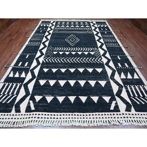 9'4"x12'10" Jade Black, Hand Knotted, Moroccan Weave with Geometric and Ethnic Design, Soft Wool, Tone on Tone, Textured Pile, Oriental Rug FWR123144