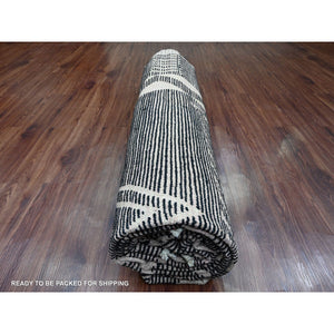 9'4"x12'10" Jade Black, Hand Knotted, Moroccan Weave with Geometric and Ethnic Design, Soft Wool, Tone on Tone, Textured Pile, Oriental Rug FWR123144