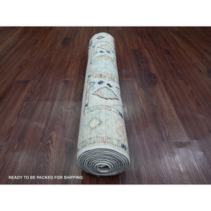 3'1"x11'8" Chiffon White, Anatolian Village Inspired Design with Geometric Pattern, High Mountain Wool, Vegetable Dyes, Hand Knotted, Runner, Oriental Rug FWR123180