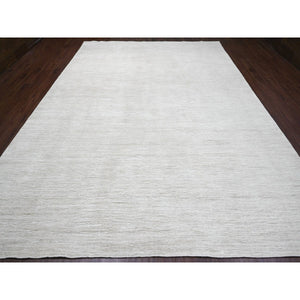 9'9"x13'6" Pearl White, Plain Solid Pattern, Hand Knotted, Hand Spun Ghazni Wool, Lush And Plush, Oriental Rug FWR123246