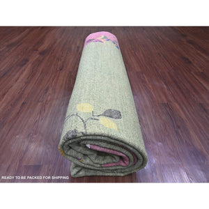9'x12'3" Swamp Green, Chinese Art Deco Inspired Peshawar, Hand Knotted, Vegetable Dyes, Pure Wool, Oriental Rug FWR123270