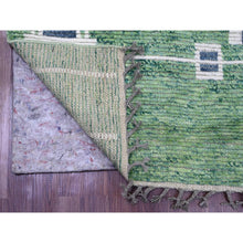 Load image into Gallery viewer, 5&#39;1&quot;x12&#39;3&quot; Fern Green, Moroccan Weave with Line Design, Tone on Tone, Soft Wool, Hand Knotted, Textured Pile, Wide Runner, Oriental Rug FWR123288