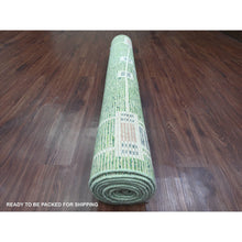 Load image into Gallery viewer, 5&#39;1&quot;x12&#39;3&quot; Fern Green, Moroccan Weave with Line Design, Tone on Tone, Soft Wool, Hand Knotted, Textured Pile, Wide Runner, Oriental Rug FWR123288