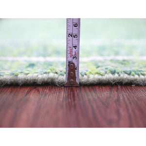 5'1"x12'3" Fern Green, Moroccan Weave with Line Design, Tone on Tone, Soft Wool, Hand Knotted, Textured Pile, Wide Runner, Oriental Rug FWR123288