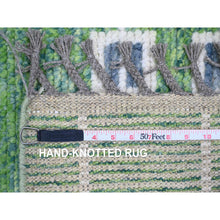 Load image into Gallery viewer, 5&#39;1&quot;x12&#39;3&quot; Fern Green, Moroccan Weave With Line Design, Tone On Tone, Soft Wool, Hand Knotted, Textured Pile, Wide Runner, Oriental Rug FWR123288