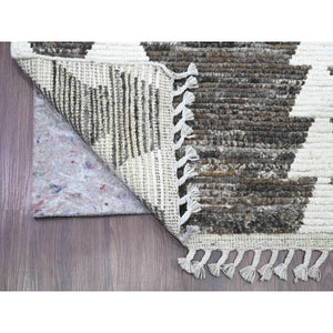 3'1"x16'8" Umber Brown, Moroccan Weave with Serrated Line Design, Tone on Tone, Hand Knotted, Soft Wool, Textured Pile, Wide Runner, Oriental Rug FWR123300