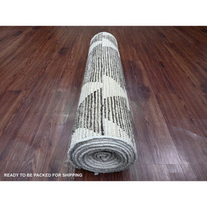 3'1"x16'8" Umber Brown, Moroccan Weave with Serrated Line Design, Tone on Tone, Hand Knotted, Soft Wool, Textured Pile, Wide Runner, Oriental Rug FWR123300
