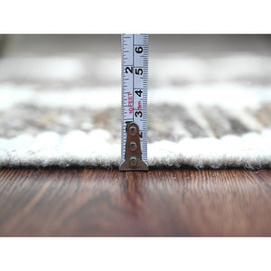 3'1"x16'8" Umber Brown, Moroccan Weave with Serrated Line Design, Tone on Tone, Hand Knotted, Soft Wool, Textured Pile, Wide Runner, Oriental Rug FWR123300