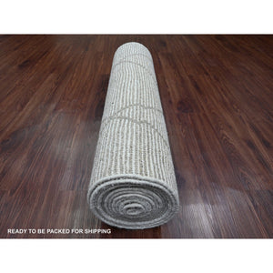 3'2"x15'4" Pearl White, Moroccan Weave with Serrated Pattern, Tone on Tone, Hand Knotted, Soft Wool, Textured Pile, XL Runner, Oriental Rug FWR123306