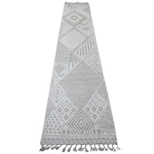 Load image into Gallery viewer, 2&#39;5&quot;x14&#39;3&quot; Chiffon White, Moroccan Weave with Geometric Design, Tone on Tone, Hand Knotted, Soft Wool, Textured Pile, Runner, Oriental Rug FWR123324
