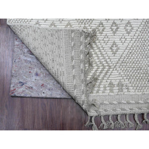 2'5"x14'3" Chiffon White, Moroccan Weave with Geometric Design, Tone on Tone, Hand Knotted, Soft Wool, Textured Pile, Runner, Oriental Rug FWR123324