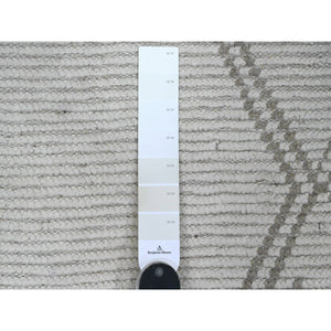 2'5"x14'3" Chiffon White, Moroccan Weave with Geometric Design, Tone on Tone, Hand Knotted, Soft Wool, Textured Pile, Runner, Oriental Rug FWR123324