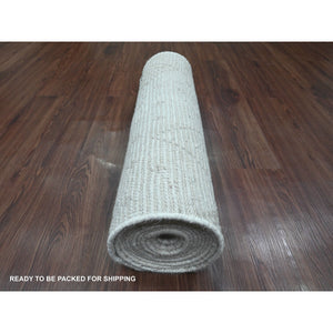 2'5"x14'3" Chiffon White, Moroccan Weave with Geometric Design, Tone on Tone, Hand Knotted, Soft Wool, Textured Pile, Runner, Oriental Rug FWR123324