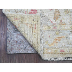 4'x19'2" Chiffon White, Hand Knotted, Afghan Angora Oushak with Soft Color Leaf Design, Vegetable Dyes, 100% Wool, Wide Runner, Oriental Rug FWR123570