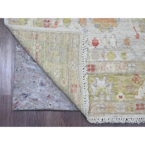 4'x11'9" Chiffon White, Hand Knotted, Afghan Angora Oushak With Colorful Leaf Pattern, Vegetable Dyes, 100% Wool, Wide Runner, Oriental Rug FWR123600