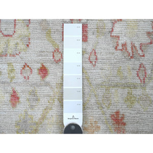 4'x11'9" Chiffon White, Hand Knotted, Afghan Angora Oushak With Colorful Leaf Pattern, Vegetable Dyes, 100% Wool, Wide Runner, Oriental Rug FWR123600