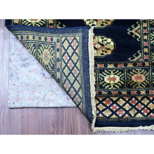 2'6"x16'10" Midnight Blue, Mori Bokara with Geometric Medallions Design, Soft Wool, Hand Knotted, XL Runner, Oriental Rug FWR123648
