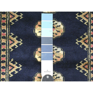 2'6"x16'10" Midnight Blue, Mori Bokara with Geometric Medallions Design, Soft Wool, Hand Knotted, XL Runner, Oriental Rug FWR123648