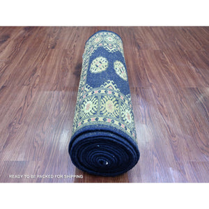 2'6"x16'10" Midnight Blue, Mori Bokara with Geometric Medallions Design, Soft Wool, Hand Knotted, XL Runner, Oriental Rug FWR123648
