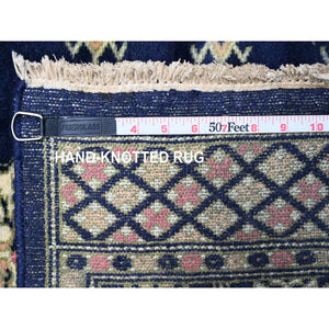 2'6"x16'10" Midnight Blue, Mori Bokara with Geometric Medallions Design, Soft Wool, Hand Knotted, XL Runner, Oriental Rug FWR123648