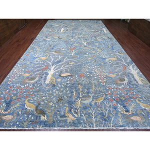 10'2"x18'5" Ruddy Blue, Afghan Peshawar with Birds of Paradise Design, Natural Dyes, Hand Knotted, Soft Wool, Gallery Size, Long and Narrow, Oriental Rug FWR123672