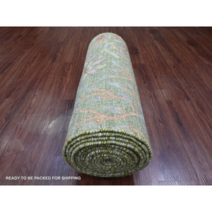 2'6"x21'9" Sage Green, Soft Wool, Afghan Peshawar with Birds of Paradise Design, Hand Knotted, Vegetable Dyes, XL Runner, Oriental Rug FWR123684